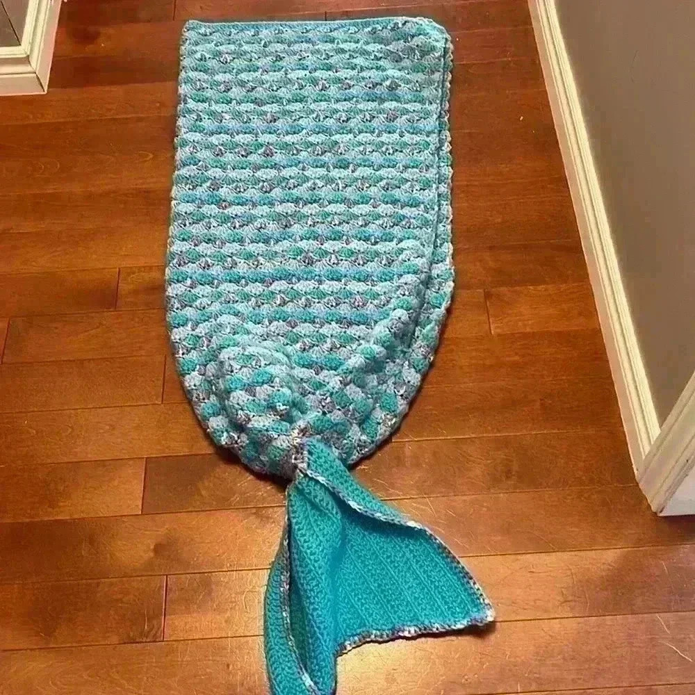 Knit Blanket Mermaid Tail Blue  Stripes Crochet Knitted